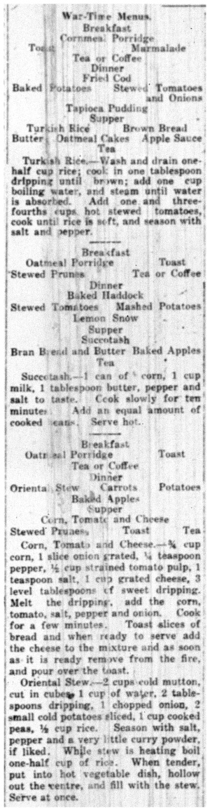 About the House, War-Time Menu - 3 Jan 1918