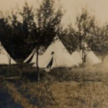 The tents pictured here belong to farmerettes camping in the Pengilley orchards in Clarkson. The women were members of the Farm Service Corps, formed by the Ontario government in 1917 to fill the demand for agricultural workers.