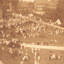 This photograph is an aerial view of a reception held at the Hobberlin Estate to honour the soldiers of Port Credit and the surrounding township. The picnic was held on the Civic Holiday, August 4, 1919.